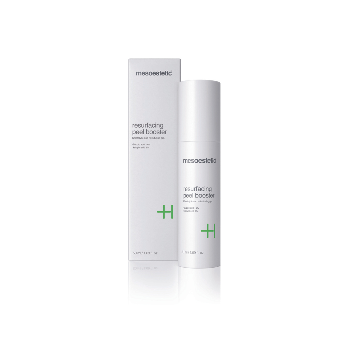 Mesoestetic Resurfacing Peel Booster 50ml: A non-oily, retexturising gel in a white pump bottle, and has a white outer box