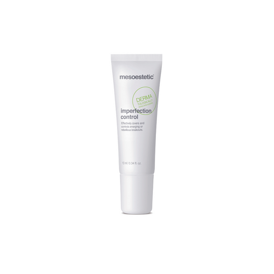 Mesoestetic Imperfection Control, 10ml slim white tube with green branding; Effectively covers and controls emerging or rebellious breakouts.