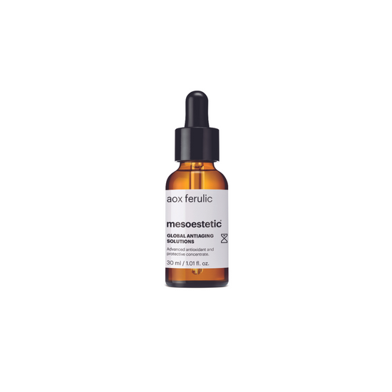 Mesoestetic AOX Ferulic, 30ml amber dropper bottle with a secure black cap, high-potency antioxidant concentrate.