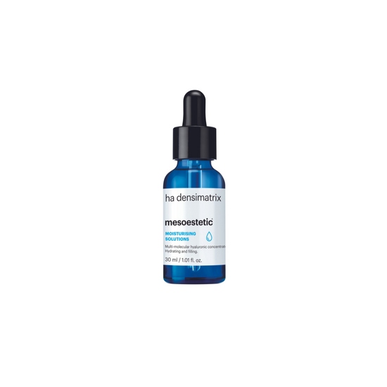 Mesoestetic HA Desimatrix, 30ml blue tinted dropper bottle with a black  cap, hyaluronic acid serum.
