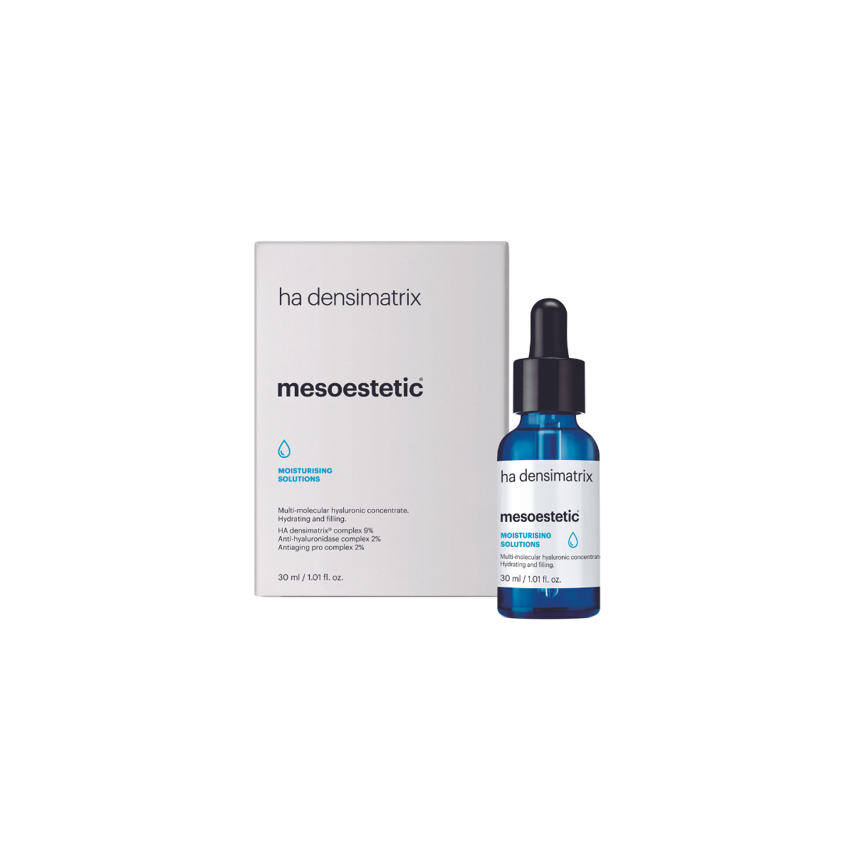 Mesoestetic HA Desimatrix, 30ml blue tinted dropper bottle with a black cap, and white outer box, hyaluronic acid serum. 