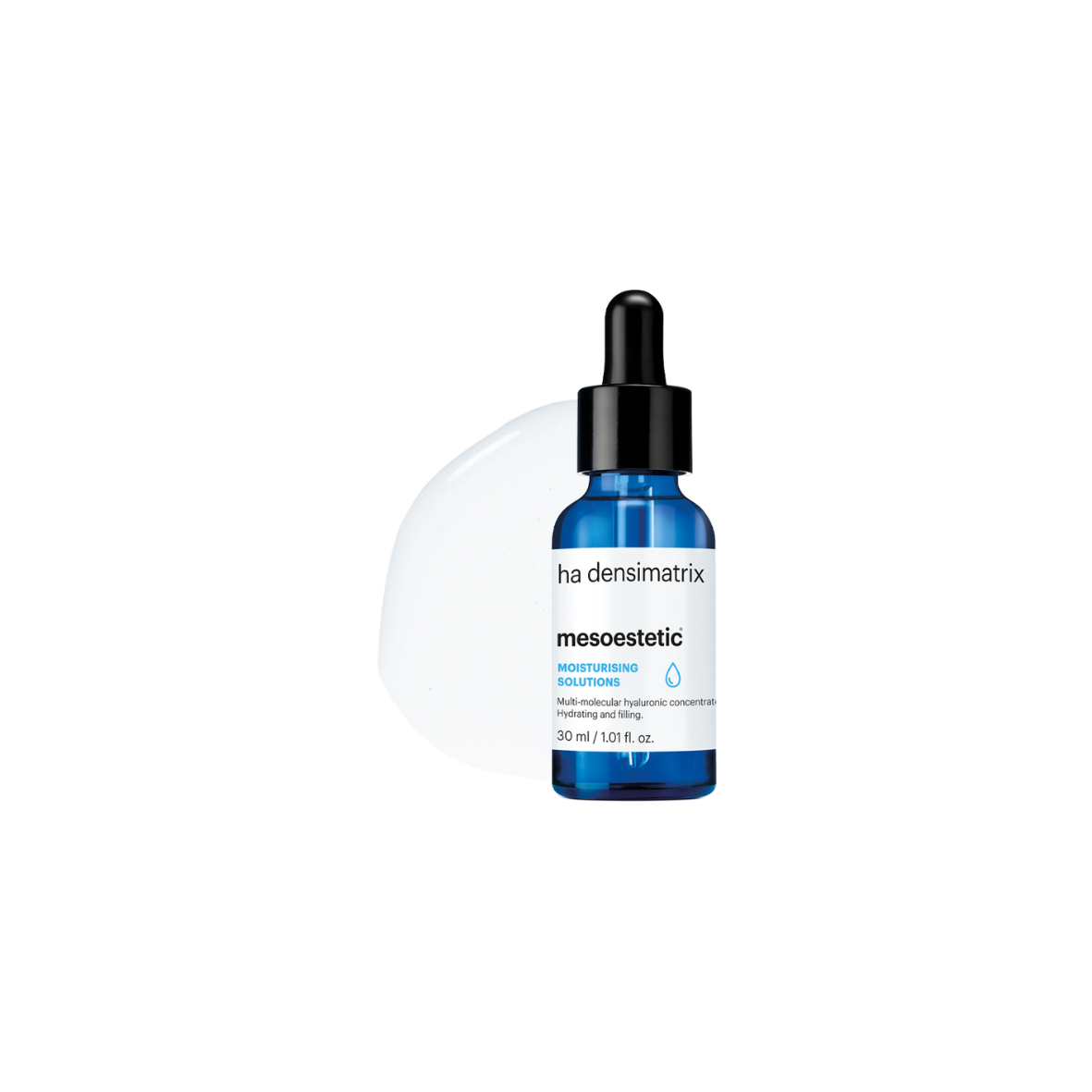 Mesoestetic HA Desimatrix, 30ml blue tinted dropper bottle with a black  cap, hyaluronic acid serum.