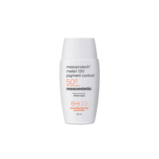 Mesoestetic Mesoprotech® Melan 130 Pigment Control, 50ml white tube with orange accents, 50+ SPF, tinted emulsion.