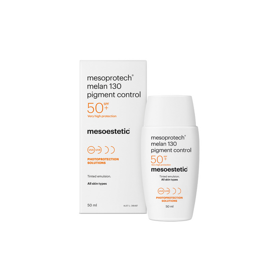 Mesoestetic Mesoprotech® Melan 130 Pigment Control, 50ml white tube with orange accents, and its outer box of the same color