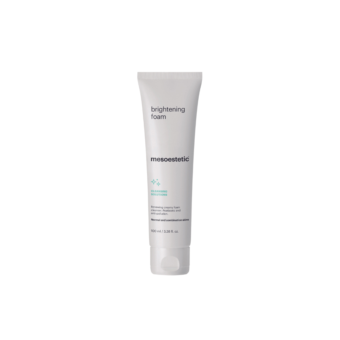 Mesoestetic Brightening Foam 100ml in white squeeze tube, gentle foam cleanser.