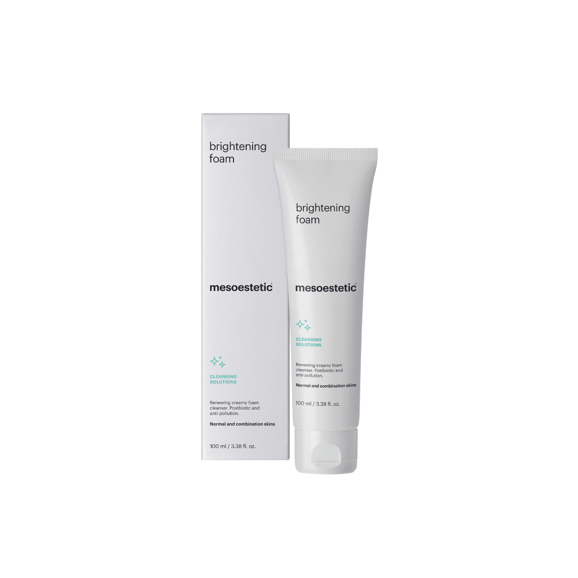 Mesoestetic Brightening Foam 100ml in white squeeze tube, gentle foam cleanser, with white outer box.