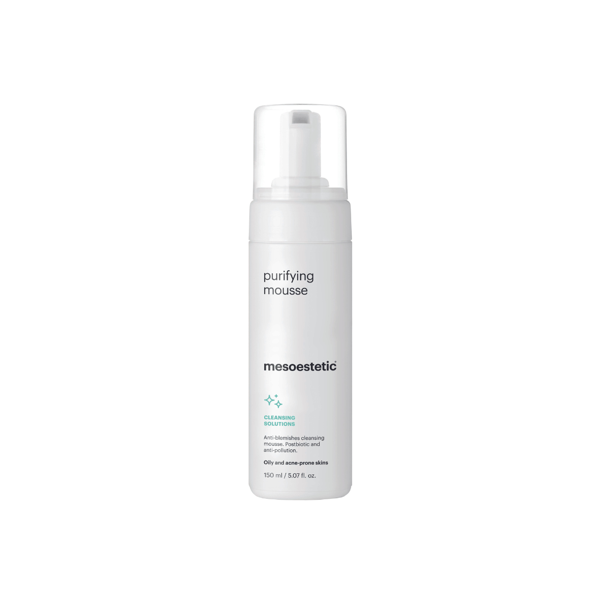 Mesoestetic Purifying Mousse 150ml: White airless pump bottle with teal text, purifying cleansing foam for oily and acne-prone skins