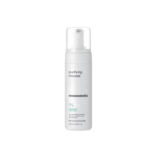 Mesoestetic Purifying Mousse 150ml: White airless pump bottle with teal text, purifying cleansing foam for oily and acne-prone skins