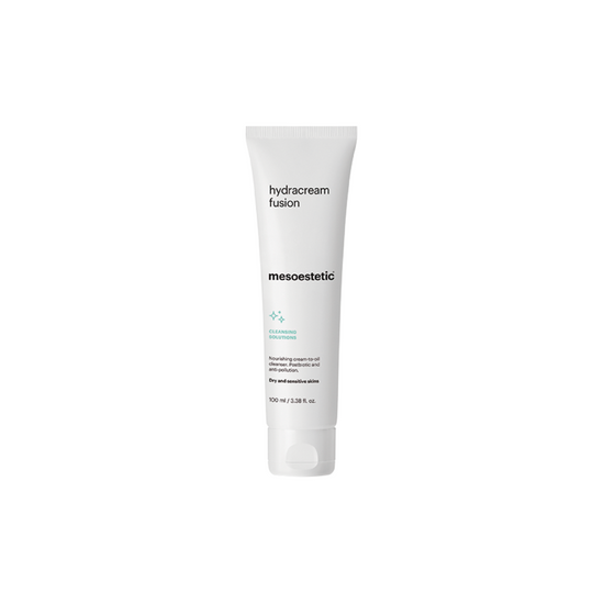 Mesoestetic Hydracream Fusion, 100ml white squeeze tube; Nourishing cream-to-oil cleanser. Postbiotic and anti-pollution. For dry and sensitive skins.