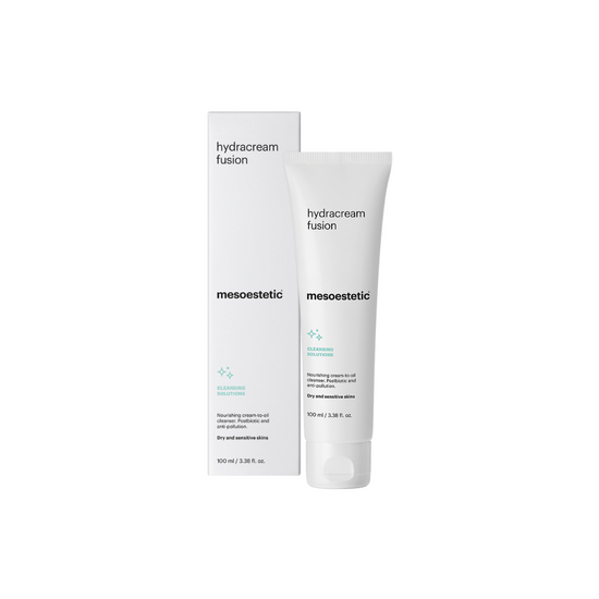 Mesoestetic Hydracream Fusion, 100ml white squeeze tube, and white outer box; Nourishing cream-to-oil cleanser. Postbiotic and anti-pollution. For dry and sensitive skins.