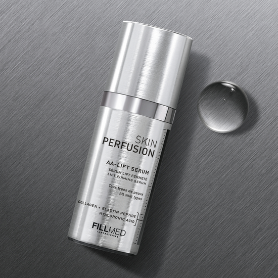AA lift serum in silver bottle with clear product swatch