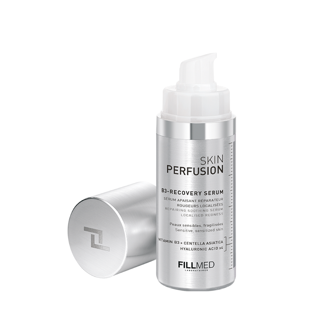 Fillmed B3-Recovery Serum, Skin Perfusion,  30ml bottle with a metallic silver cap opened, enriched with vitamin B3, centella asiatica, and hyaluronic acid.
