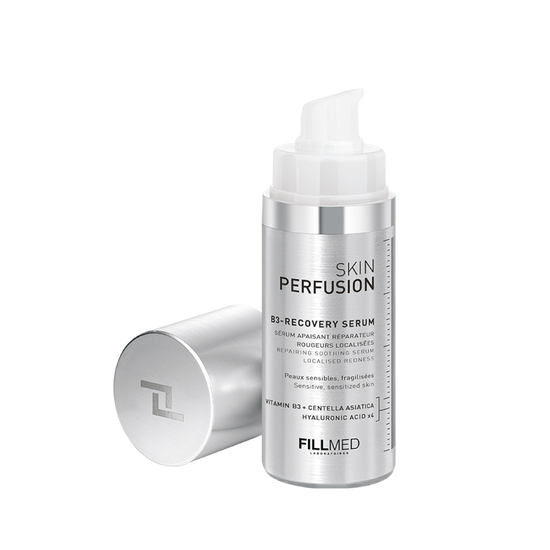 Fillmed B3-Recovery Serum, Skin Perfusion,  30ml bottle with a metallic silver cap opened, enriched with vitamin B3, centella asiatica, and hyaluronic acid.