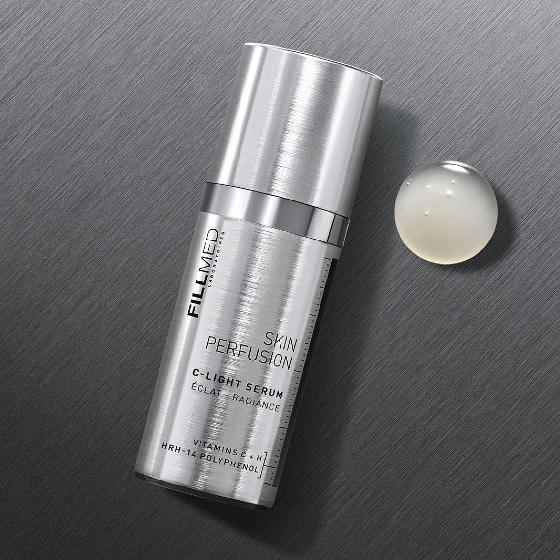 Fillmed C-Light Serum 30ml: Silver pump bottle; vitamins C + H, HRH-14 polyphenol with dewy gel product swatch