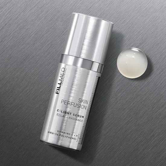 Fillmed C-Light Serum 30ml: Silver pump bottle; vitamins C + H, HRH-14 polyphenol with dewy gel product swatch