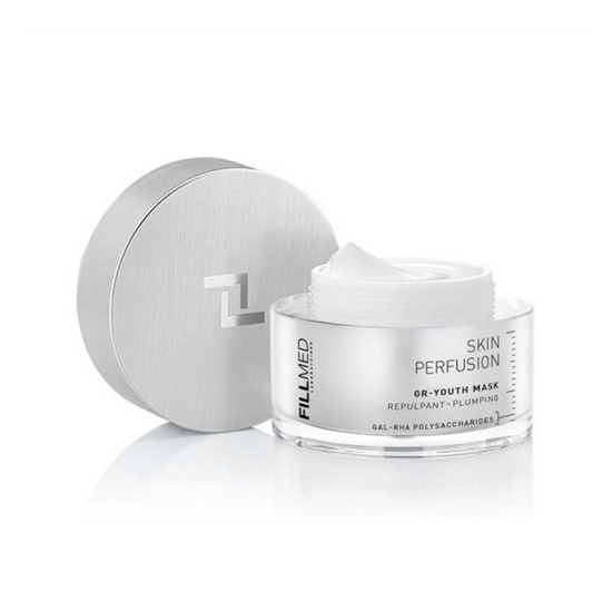  Fillmed GR-Youth Mask, transparent 50ml jar with a metallic silver lid opened with white cream mast