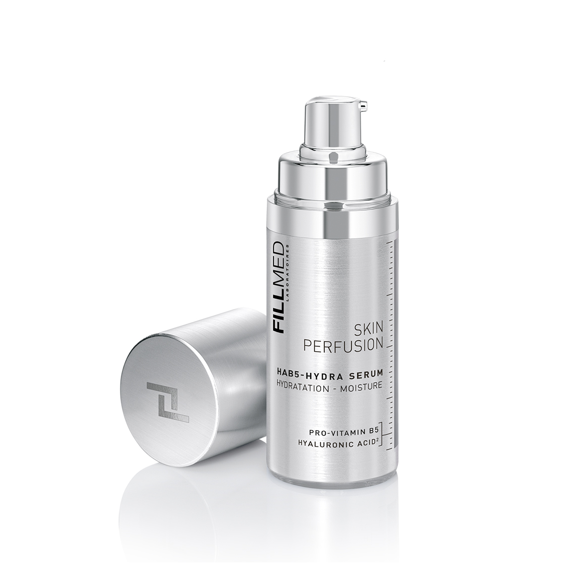 Fillmed HAB5-Hydra Serum, 30ml cylindrical, silver metallic bottle with  pump dispenser lid opened, intensive hydrating serum.
