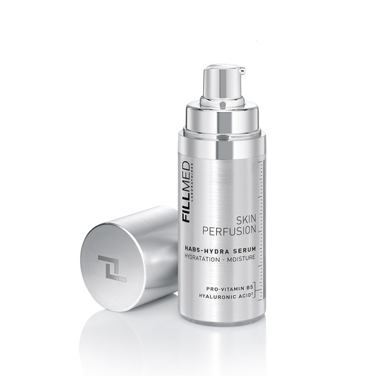 Fillmed HAB5-Hydra Serum, 30ml cylindrical, silver metallic bottle with  pump dispenser lid opened, intensive hydrating serum.