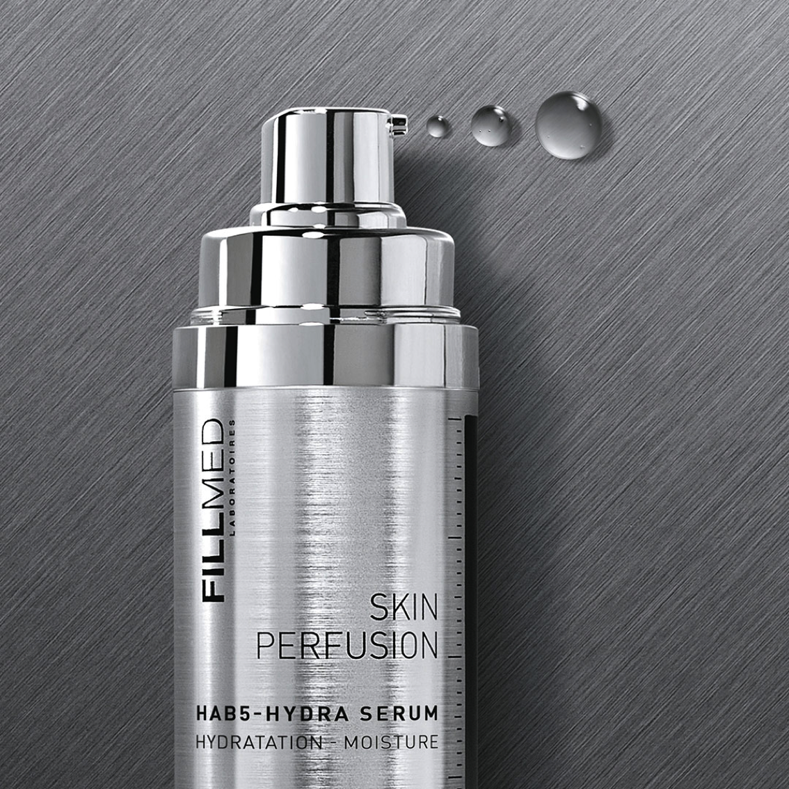 Fillmed HAB5-Hydra Serum, 30ml cylindrical, silver metallic bottle with clear product swatch drops
