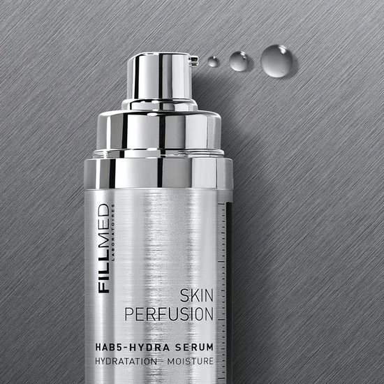 Fillmed HAB5-Hydra Serum, 30ml cylindrical, silver metallic bottle with clear product swatch drops