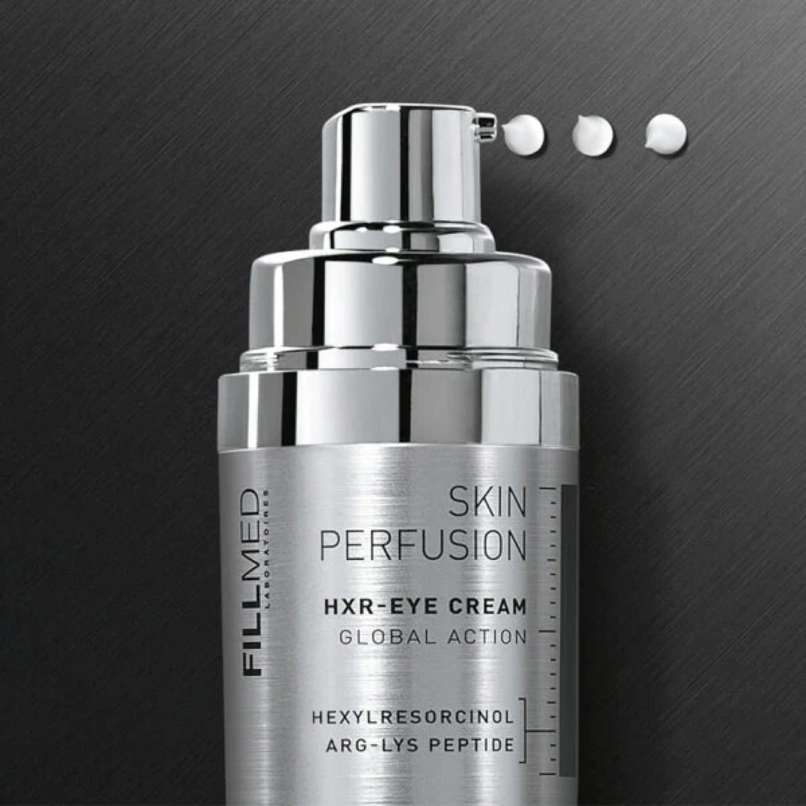 Fillmed HXR-Eye Cream, 15ml frosted pump bottle with silver branding, advanced eye care formula, white cream product swatch