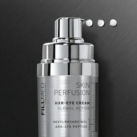 Fillmed HXR-Eye Cream, 15ml frosted pump bottle with silver branding, advanced eye care formula, white cream product swatch