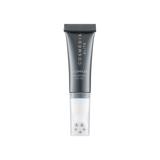 Cosmedix Elite I-Complex Advanced Eye Gel is packaged in a sleek, dark gray 10 ml tube featuring a metallic finish, with an innovative metal rollerball applicator.