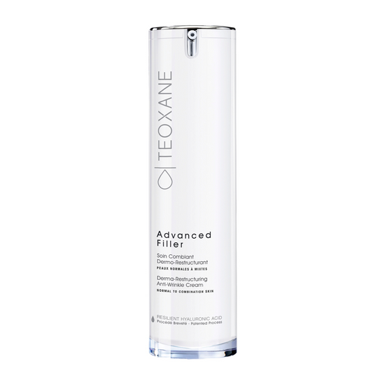 Teoxane Advanced Filler Normal to Combination Skin 50ml: Teoxane Advanced Filler for normal to combination skin, Derma-Restructuring Anti Wrinkle Cream, 50ml white airless pump bottle featuring silver highlights, formulated with hyaluronic acid for balanced hydration.