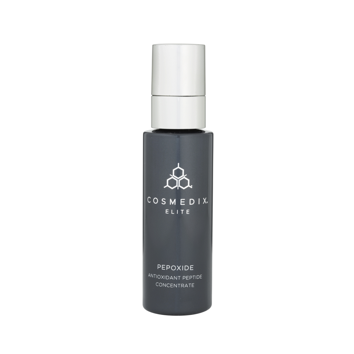 Cosmedix Elite Pepoxide, 30ml dark gray glass bottle with dropper cap, antioxidant peptide concentrate
