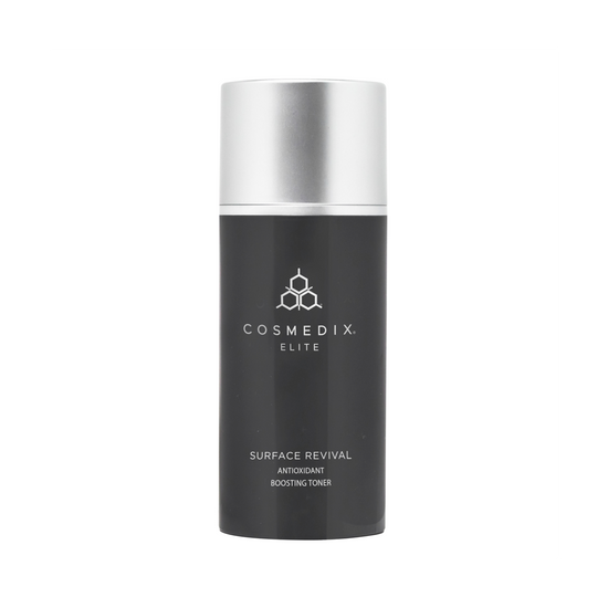 Cosmedix Elite Surface Revival 100ml: dark silver airless pump bottle; antioxidant boosting toner
