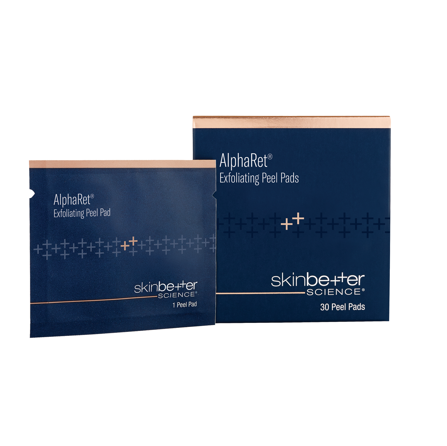 The Skinbetter Science AlphaRet Exfoliating Peel Pads (30 count) are packaged in a dark blue box containing 30 individually wrapped pads.