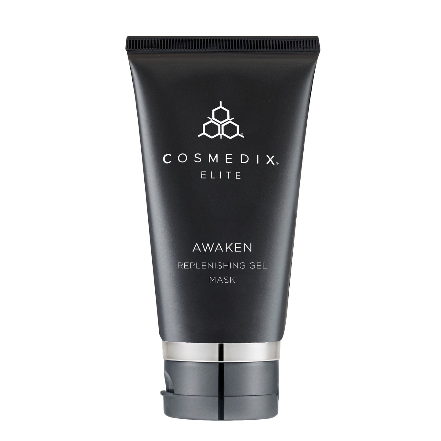 Cosmedix Elite Awaken Replenishing Gel Mask, 74ml sleek black tube with silver details, hydrating and rejuvenating gel mask.