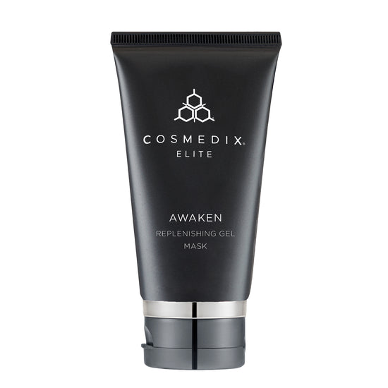 Cosmedix Elite Awaken Replenishing Gel Mask, 74ml sleek black tube with silver details, hydrating and rejuvenating gel mask.